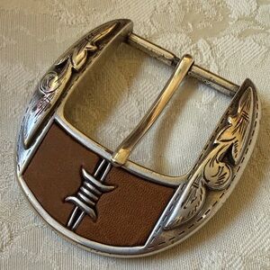 Silver color and Brown leather Western Belt Buckle